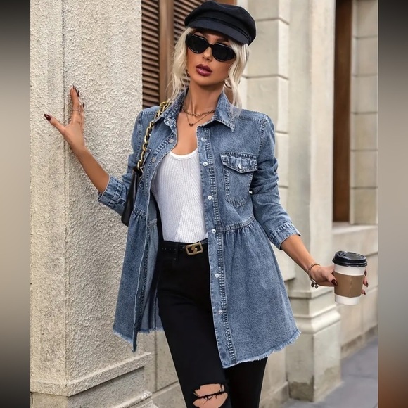unbranded Jackets & Blazers - Women’s Denim Coat Elegant Button-Up Lapel Design Raw Hem Long Sleeve Loose Fit